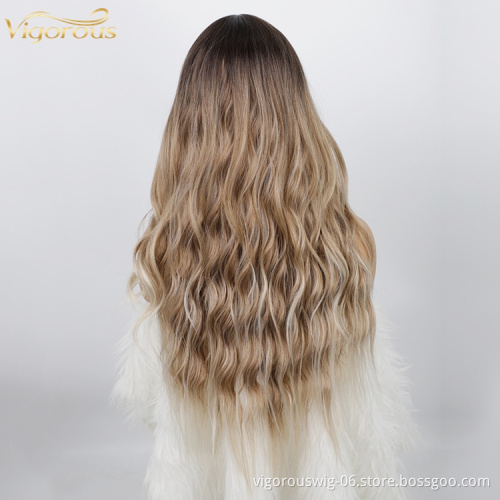 Top Quality Cheap Wholesale Vendor Heat Resistant Synthetic Fiber Lace Hair Wig Ombre Brown Dark Root Curly Long Body Wavy Women